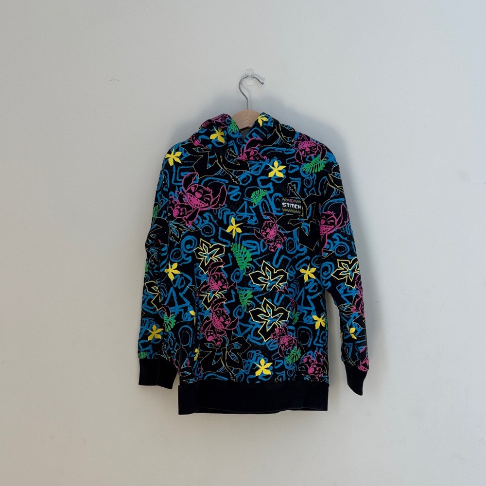 Disney Store Lilo & Stitch Hoodie Age 9-10 Black Neon Tropical Print Like New